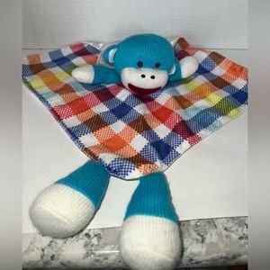 Baby Starters Sock Monkey Lovey Blue Knit Plaid Baby Security Blanket Rattle